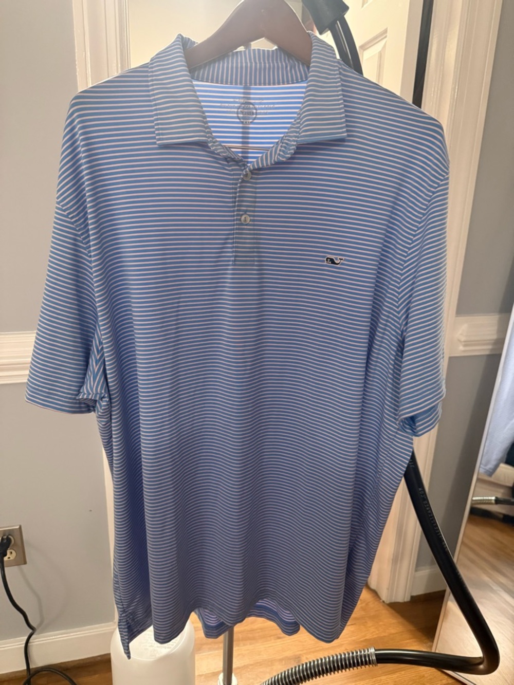 Vineyard Vines “On the Go Sankaty” Sky Blue and White Striped Polo